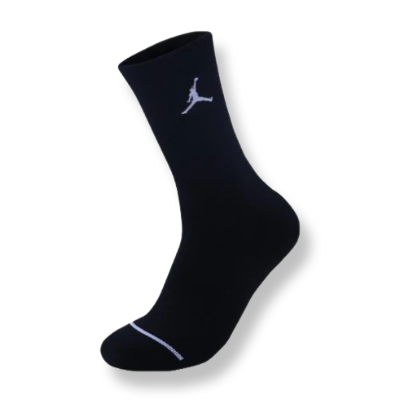 Black Jordan cotton crew socks with a soft knit texture, ribbed cuffs for a secure fit, and the iconic Jumpman logo displayed near the top.