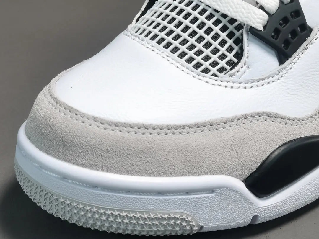 Air Jordan 4 Military Black sneakers with white leather and black accents, retro basketball shoes