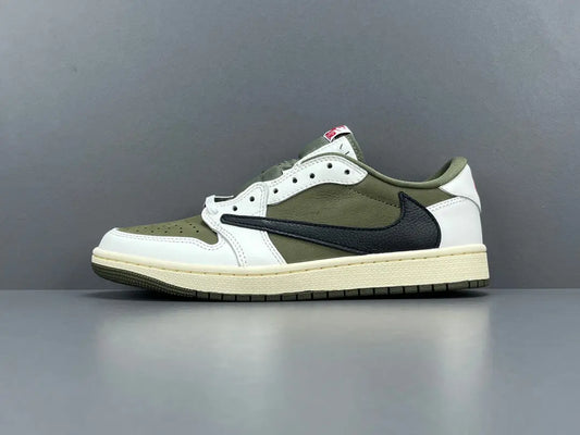 "Jordan 1 Low x Travis Scott Medium Olive sneakers with olive suede, black overlays, and reverse Swoosh."