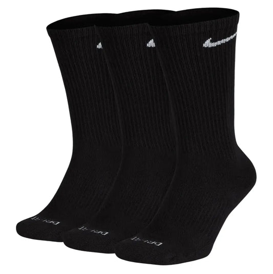 Black Nike cotton crew socks with a smooth knit finish, ribbed cuffs for a snug fit, and a contrasting white Nike swoosh logo near the top.