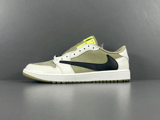 "Air Jordan 1 Low Golf x Travis Scott 'Neutral Olive' sneakers featuring olive nubuck base, off-white leather overlays, black reverse Swoosh, and Cactus Jack branding." citeturn0search0