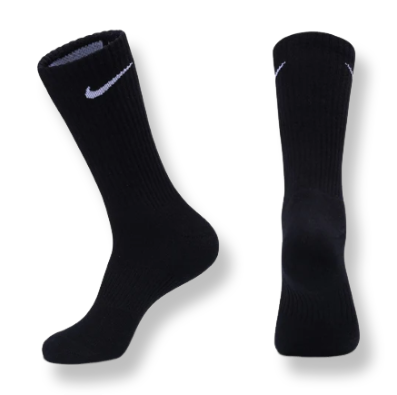 Black Nike cotton crew socks with a smooth knit finish, ribbed cuffs for a snug fit, and a contrasting white Nike swoosh logo near the top.