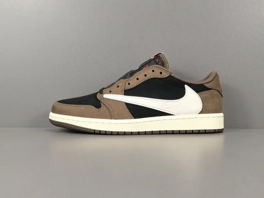 "Air Jordan 1 Low OG SP x Travis Scott sneakers featuring signature reverse Swoosh, premium materials, and Cactus Jack branding."
