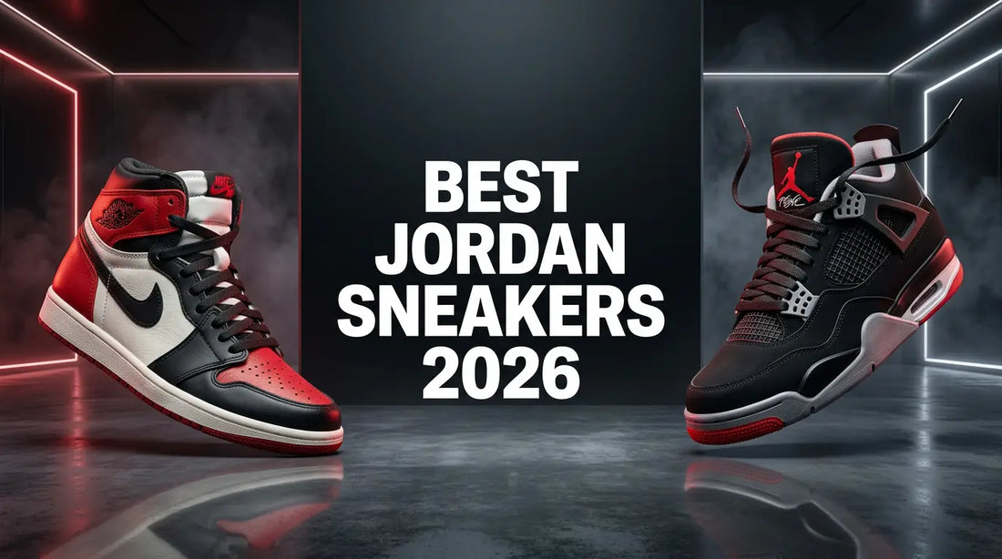 Jordan 1 and Jordan 4 inspired basketball sneakers in a premium studio setup with cinematic lighting for a sneaker blog banner