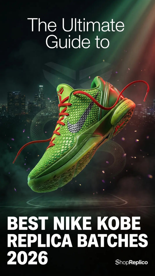 Best Nike Kobe replica batches 2026 poster featuring Kobe 6 Grinch in top tier GK batch with dramatic lighting - ShopReplico