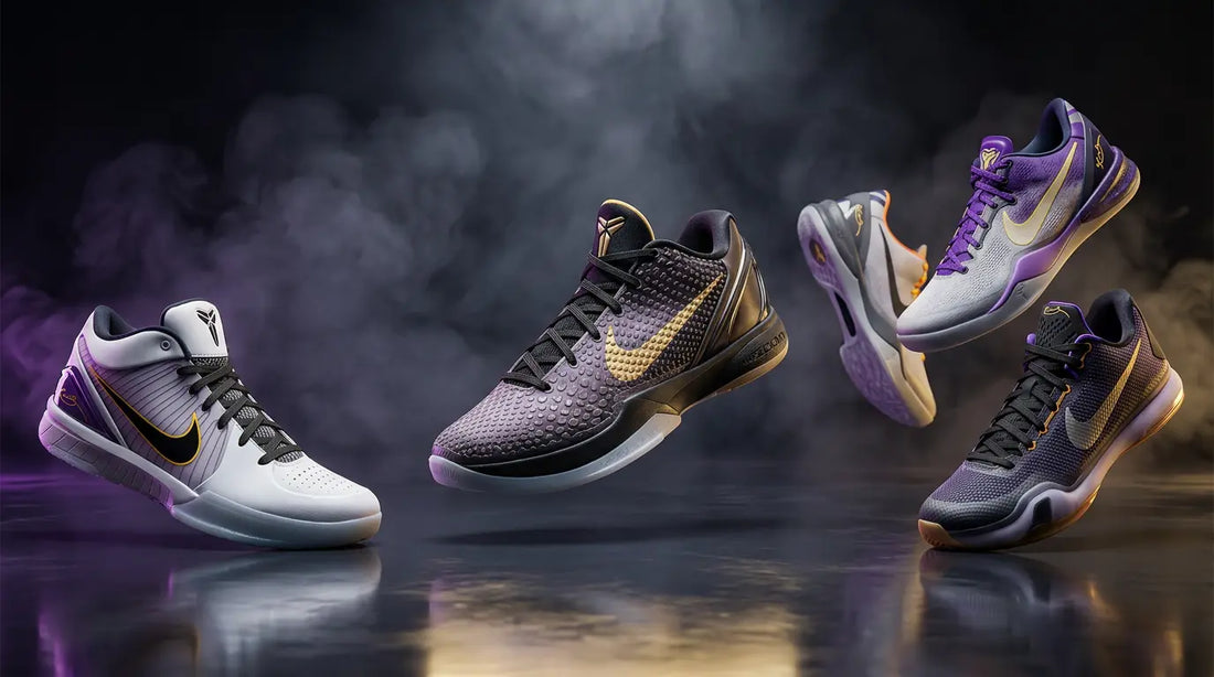 Cinematic banner showing Kobe 4, Kobe 6, Kobe 8, and Kobe 10 inspired basketball sneakers in a premium studio setup with neon lighting