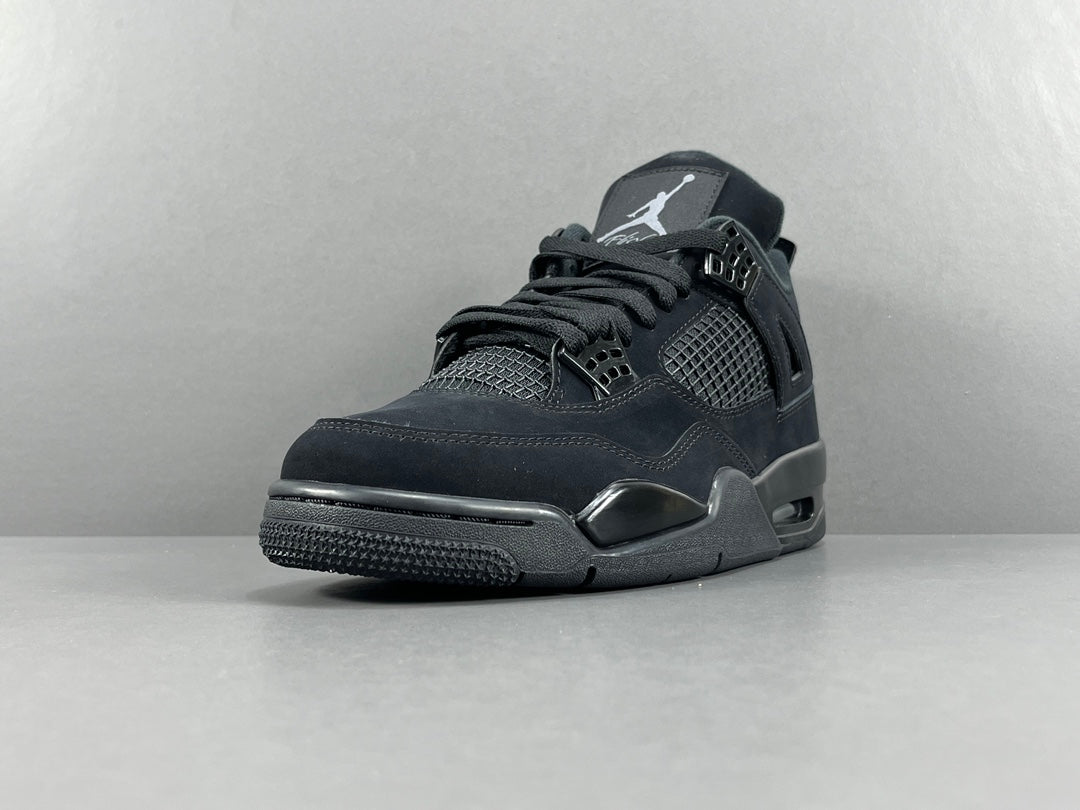 Air Jordan 4 Black Cat sneakers in all-black suede, retro basketball shoes