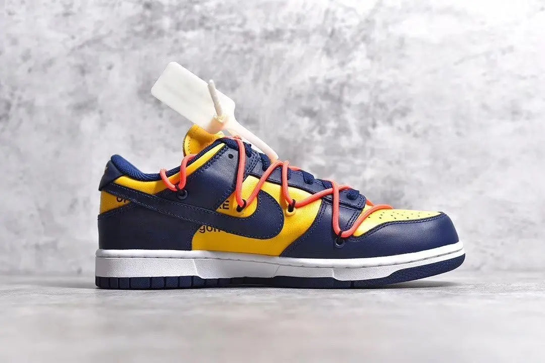 Nike Dunk Off White University Gold navy low top sneaker side view