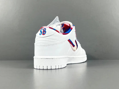 Nike SB Dunk Low Parra white sneaker with pink blue green abstract overlays limited edition skate shoe