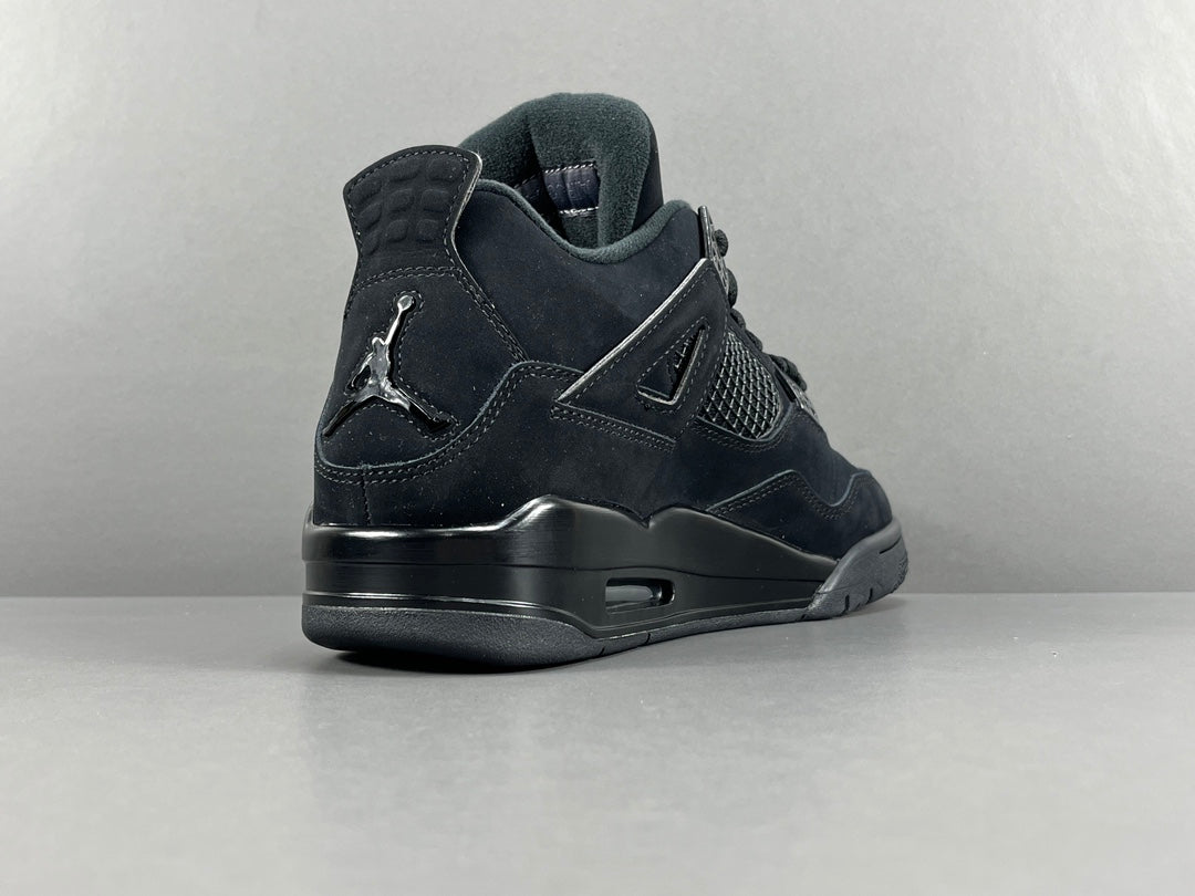 Air Jordan 4 Black Cat sneakers in all-black suede, retro basketball shoes