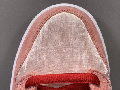 Nike SB Dunk Low Strangelove Skateboards pink velvet sneaker with heart embroidery limited edition Valentine’s Day collaboration