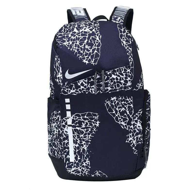 A Nike backpack in navy blue with a white cracked-glass pattern, featuring a white Nike swoosh on the front.