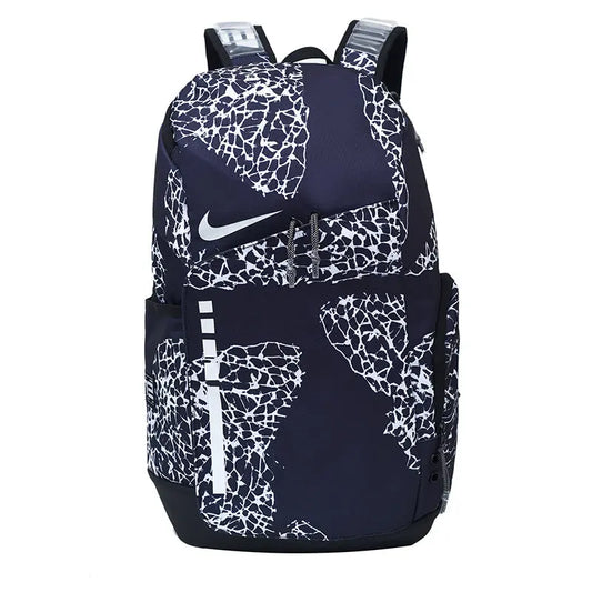 A Nike backpack in navy blue with a white cracked-glass pattern, featuring a white Nike swoosh on the front.