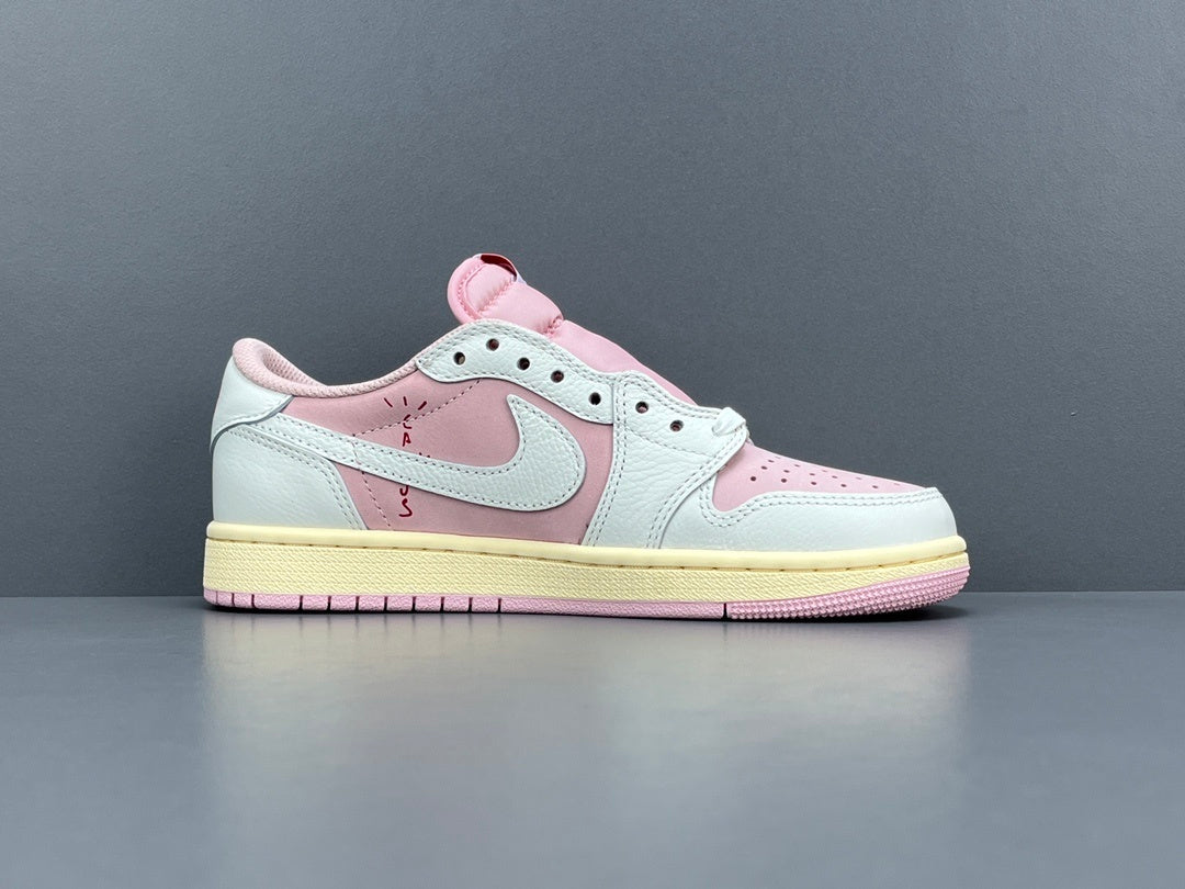 Jordan 1 Low x Travis Scott Shy Pink sneakers with reversed Swoosh design