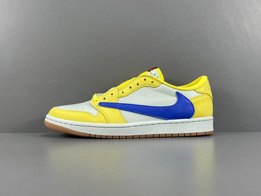 "Jordan 1 Low OG x Canary – low-top sneaker with premium leather upper, bright yellow and white colorway, and classic retro design."