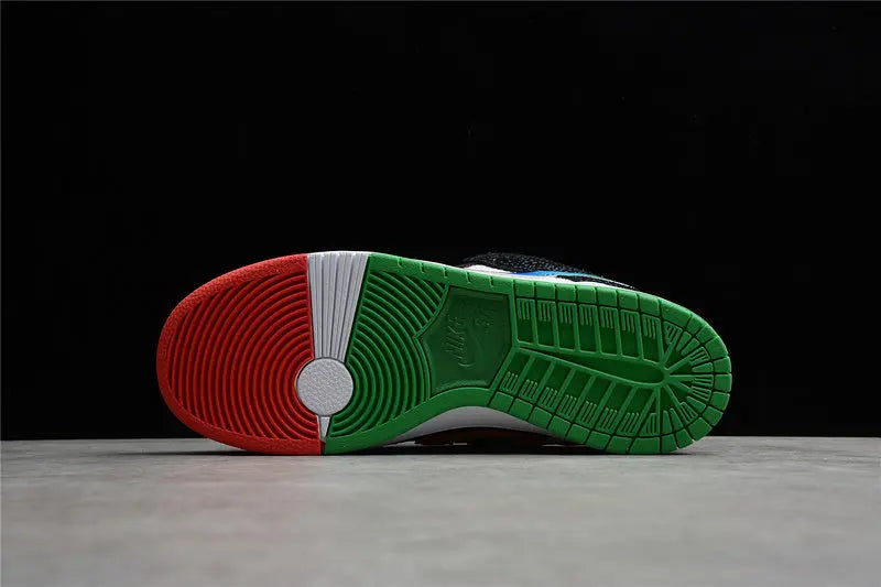 Nike SB Dunk Low What The Paul colorful patchwork upper with Nike Swoosh lateral view on white background