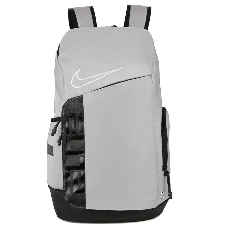 Gray and black Nike Elite Pro basketball backpack with structured design, padded shoulder straps, and multiple compartments
