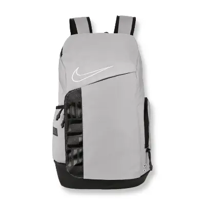 Gray and black Nike Elite Pro basketball backpack with structured design, padded shoulder straps, and multiple compartments
