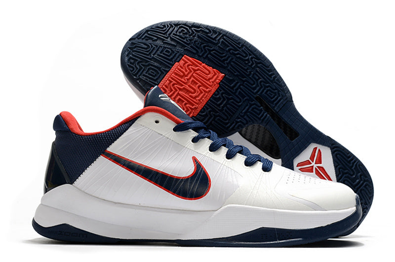 Nike Kobe 5 Protro USA edition basketball shoes in red, white, and blue colors
