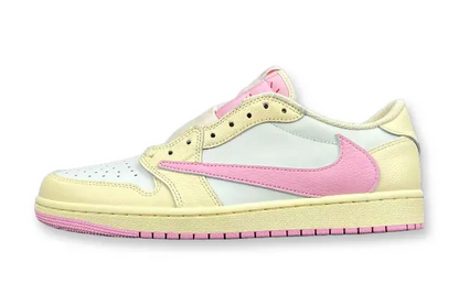 Jordan 1 Low Travis Scott Muslin Shy Pink sneakers with reverse Swoosh
