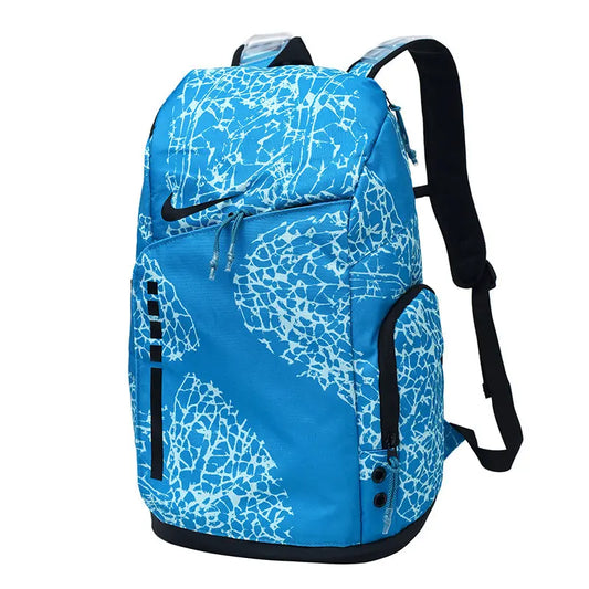A blue and white patterned Nike backpack with black straps and trim, shown on a plain white background.