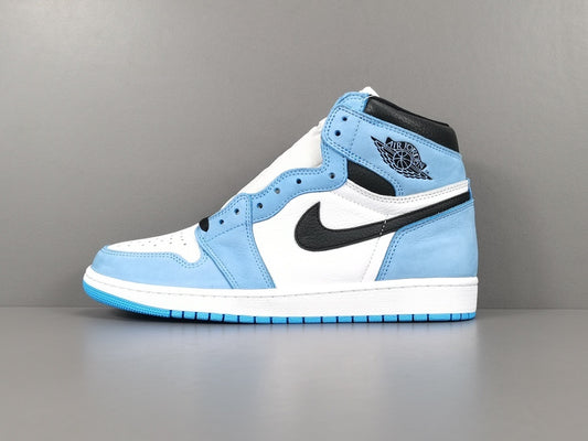 Jordan 1 Retro High OG University Blue sneakers with suede overlays and classic style.