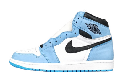 Jordan 1 Retro High OG University Blue sneakers with suede overlays and classic style.