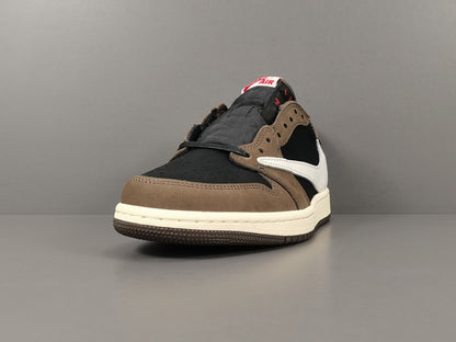 "Air Jordan 1 Low OG SP x Travis Scott sneakers featuring signature reverse Swoosh, premium materials, and Cactus Jack branding." 