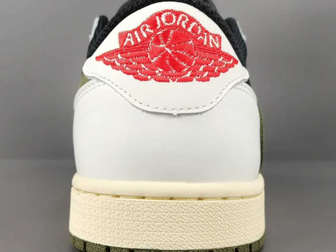 "Jordan 1 Low x Travis Scott Olive with olive suede, black leather overlays, reverse Swoosh, and Cactus Jack branding."