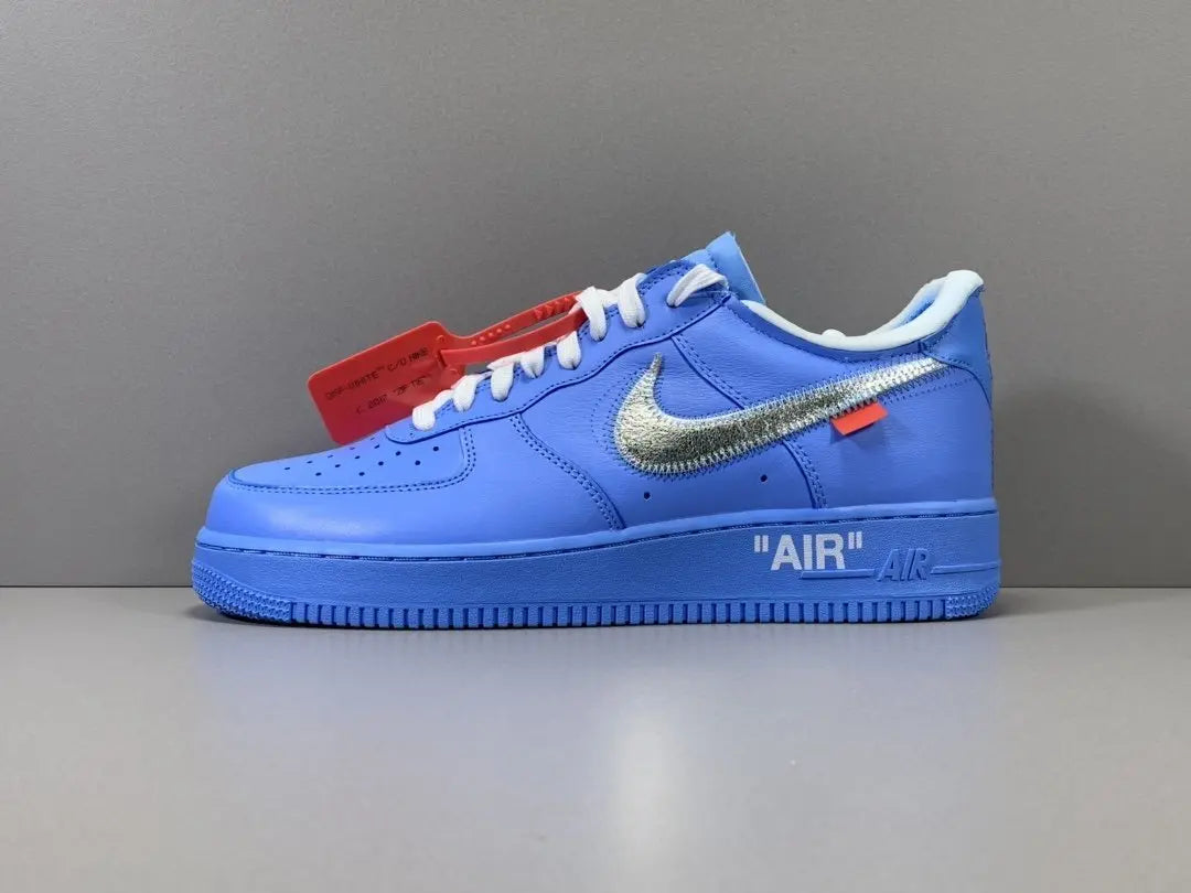 Nike Air Force 1 x Off-White MCA University Blue sneaker with metallic Swoosh
