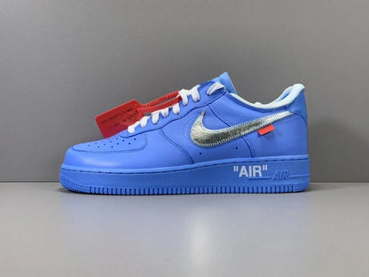 Nike Air Force 1 x Off-White MCA University Blue sneaker with metallic Swoosh
