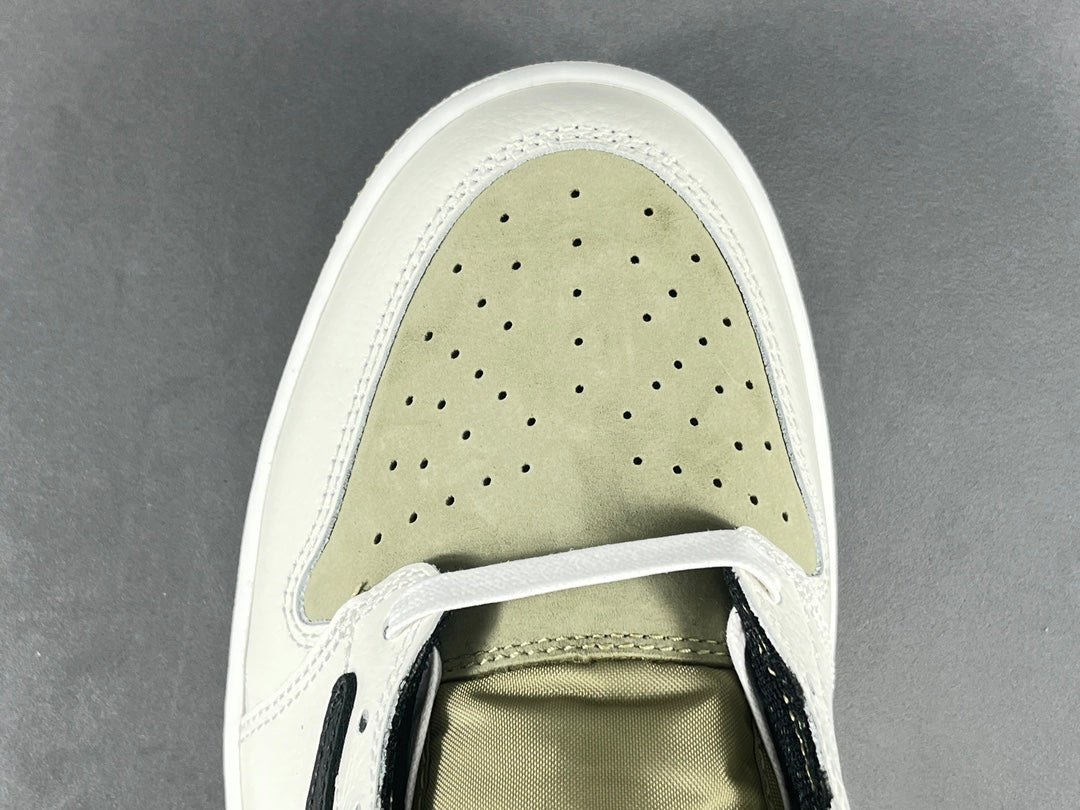 "Air Jordan 1 Low Golf x Travis Scott 'Neutral Olive' sneakers featuring olive nubuck base, off-white leather overlays, black reverse Swoosh, and Cactus Jack branding." citeturn0search0 