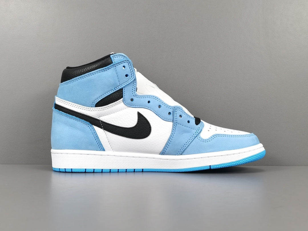 Jordan 1 Retro High OG University Blue sneakers with suede overlays and classic style.