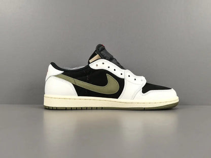 "Jordan 1 Low x Travis Scott Olive with olive suede, black leather overlays, reverse Swoosh, and Cactus Jack branding."