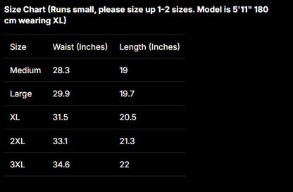 A size chart table on a black background showing waist measurements in inches and lengths in inches for sizes Medium, Large, XL, 2XL, and 3XL. Text at the top says the chart runs small and advises sizing up 1-2 sizes, with a model note of 5'11" 180 cm wearing XL.