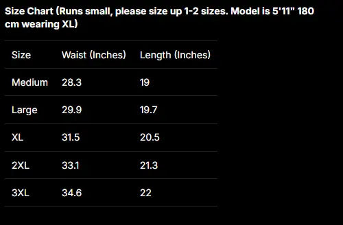 A size chart table on a black background showing waist measurements in inches and lengths in inches for sizes Medium, Large, XL, 2XL, and 3XL. Text at the top says the chart runs small and advises sizing up 1-2 sizes, with a model note of 5'11" 180 cm wearing XL.