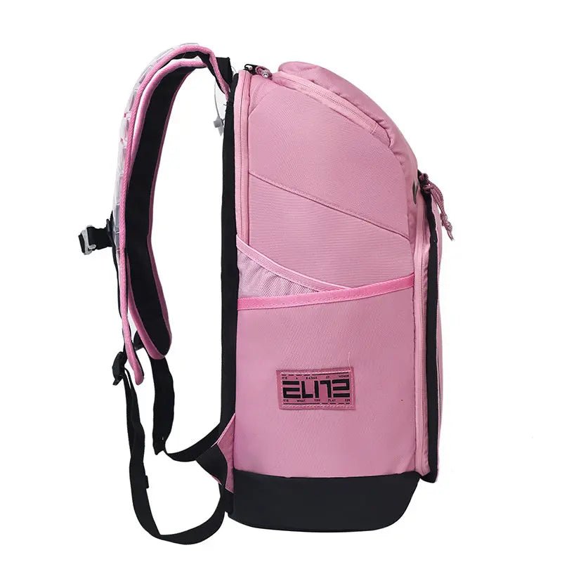 A pink and black backpack shown from the side against a plain white background, featuring a pink front pocket with a pink and black ELIZ logo patch.