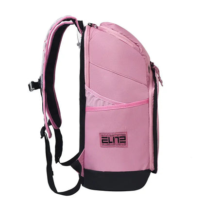 A pink and black backpack shown from the side against a plain white background, featuring a pink front pocket with a pink and black ELIZ logo patch.
