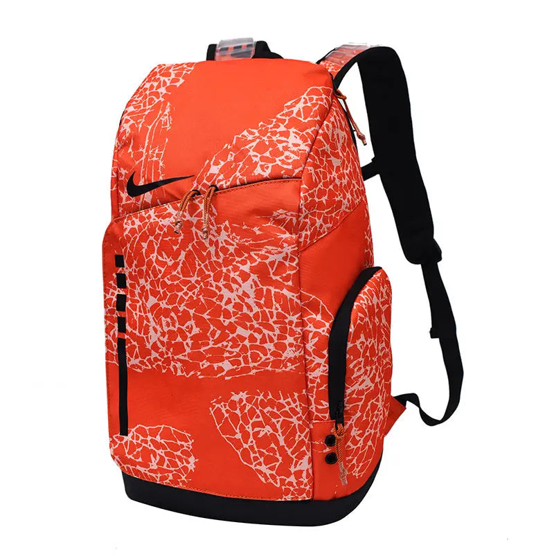 Orange backpack with white patterns on a white background