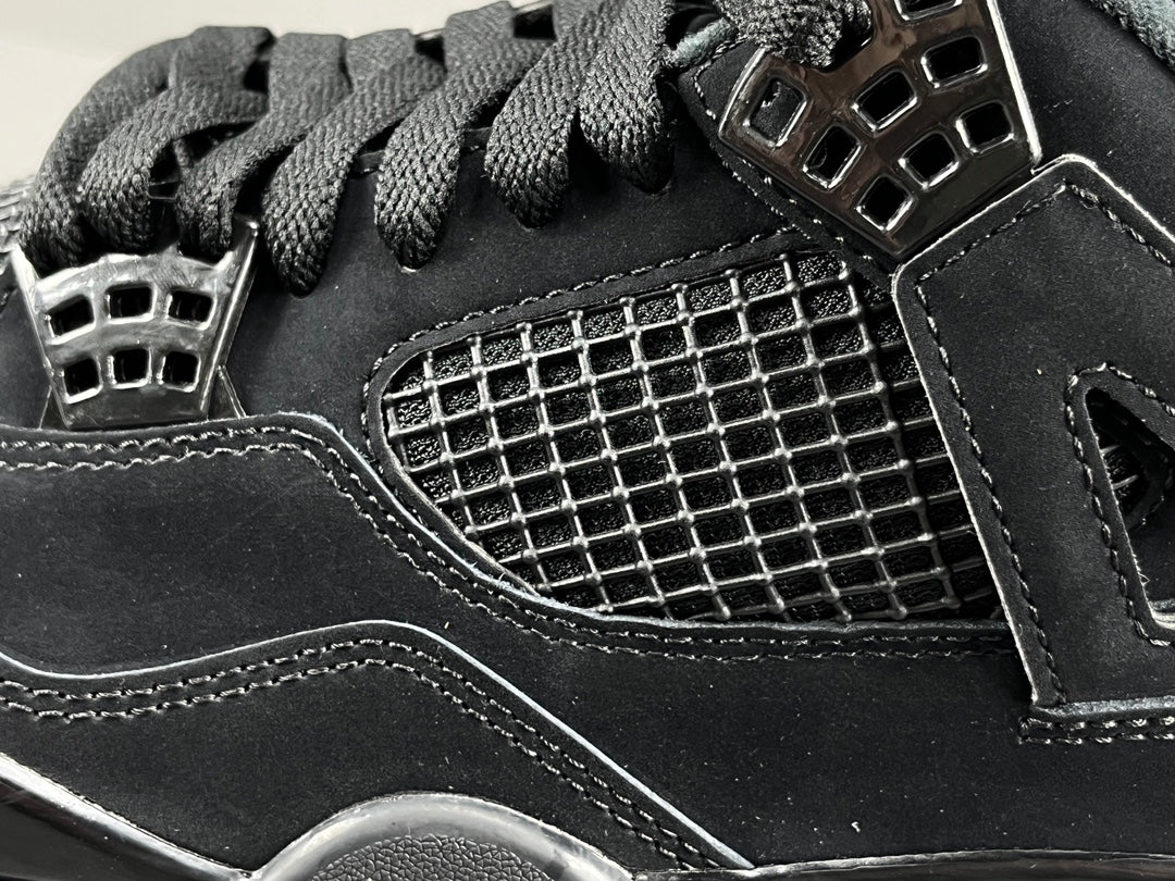 Air Jordan 4 Black Cat sneakers in all-black suede, retro basketball shoes