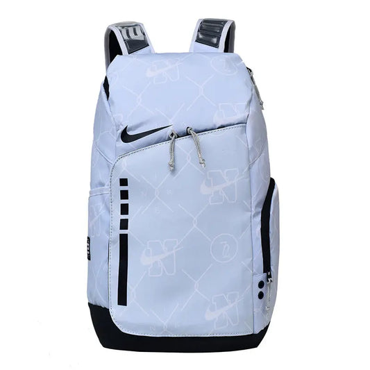 A light blue and white Nike backpack with black accents, including the Swoosh logo, side panels, and base, shown against a plain white background.