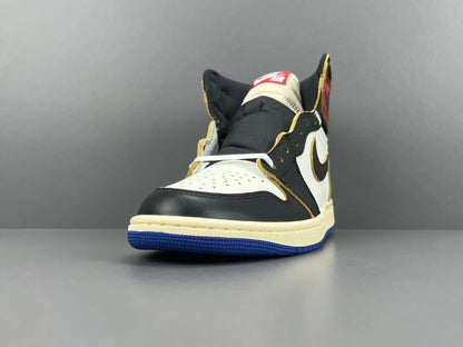 Air Jordan 1 High OG Fragment Union LA side view white navy leather sneaker