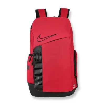 Red and black Nike Elite Pro basketball backpack with padded straps and multiple compartments

