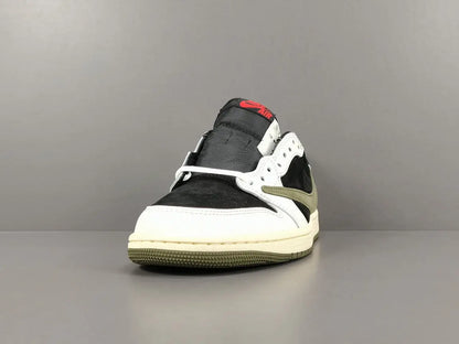 "Jordan 1 Low x Travis Scott Olive with olive suede, black leather overlays, reverse Swoosh, and Cactus Jack branding."