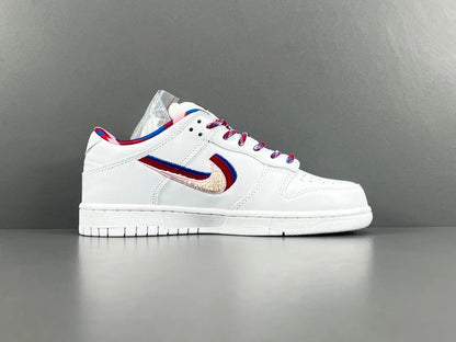 Nike SB Dunk Low Parra white sneaker with pink blue green abstract overlays limited edition skate shoe