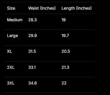 A size chart table on a black background showing waist and length measurements in inches for sizes Medium, Large, XL, 2XL, and 3XL.