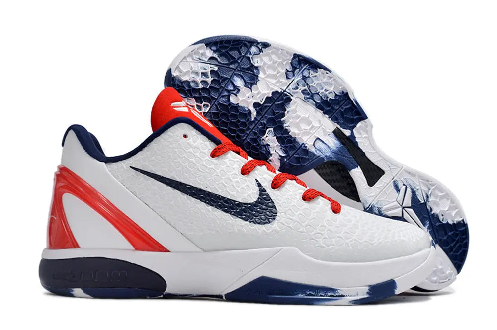 Nike Kobe 6 Protro Team USA PE basketball shoes in patriotic colors.
