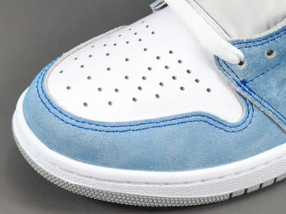 Air Jordan 1 High OG Hyper Royal side view blue suede grey Swoosh sneaker