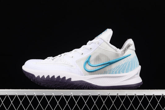 Nike Kyrie 4 Low White Laser Blue basketball shoes – low-top sneakers with crisp white and laser blue accents, Zoom Air cushioning, and court performance
