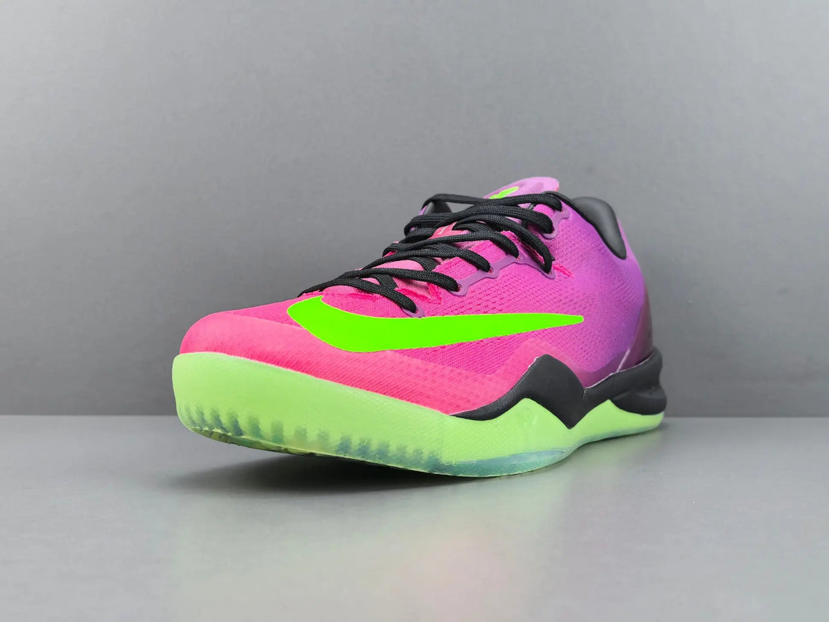 Nike Kobe 8 Protro Mambacurial medial view with oversized white NIKE branding and Red Plum Pink Flash colorway